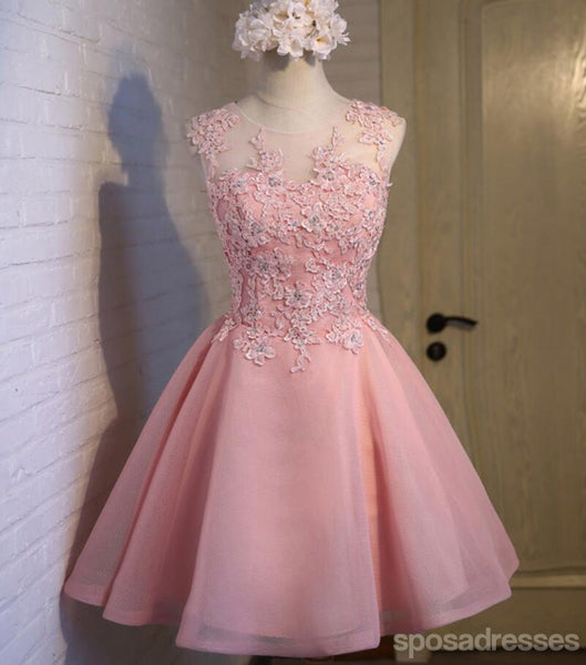 Pink See Through Lace Cute Homecoming Prom Dresses, Affordable Short P ...