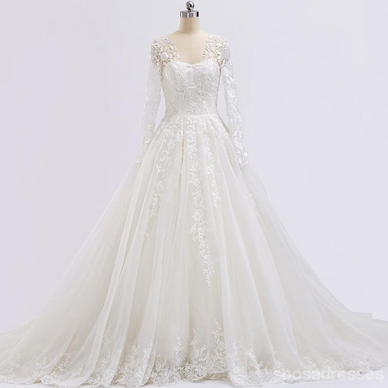 Long Sleeve Lace Beaded See Through A line Wedding Bridal Dresses, Aff ...