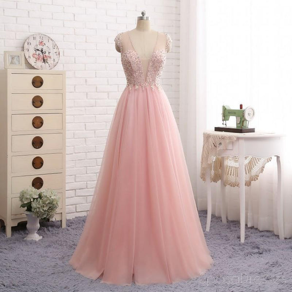 Sexy See Through Deep V Neckline Blush Pink Evening Prom Dresses, Popu ...