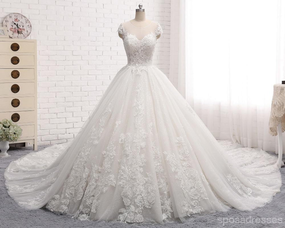 Sexy Open Back Cap Sleeve Long Tail Lace Wedding Bridal Dresses, Custo ...