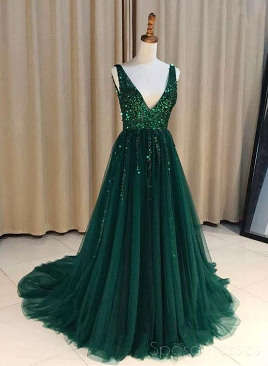 V Neck Emerald Green Tulle A line Long Custom Evening Prom Dresses, 17 ...