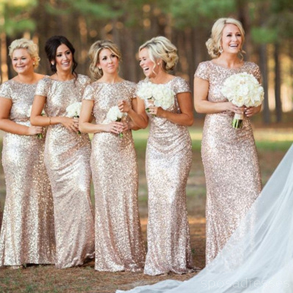 Gold Sequin Short Sleeve Mermaid Long Bridesmaid Dresses, BD001 ...