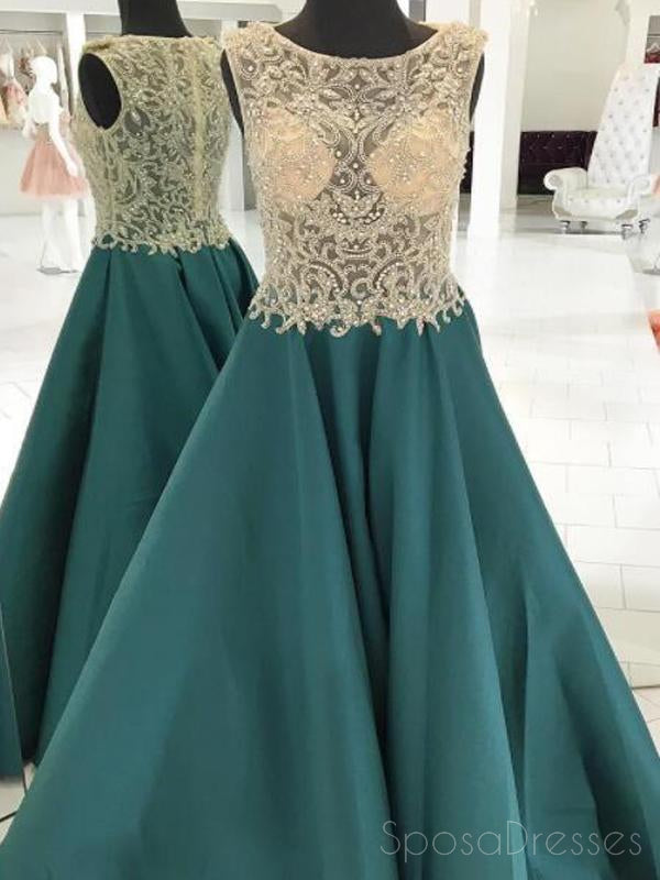 See Through Heavily Beaded Bateau Green A-line Long Evening Prom Dress ...
