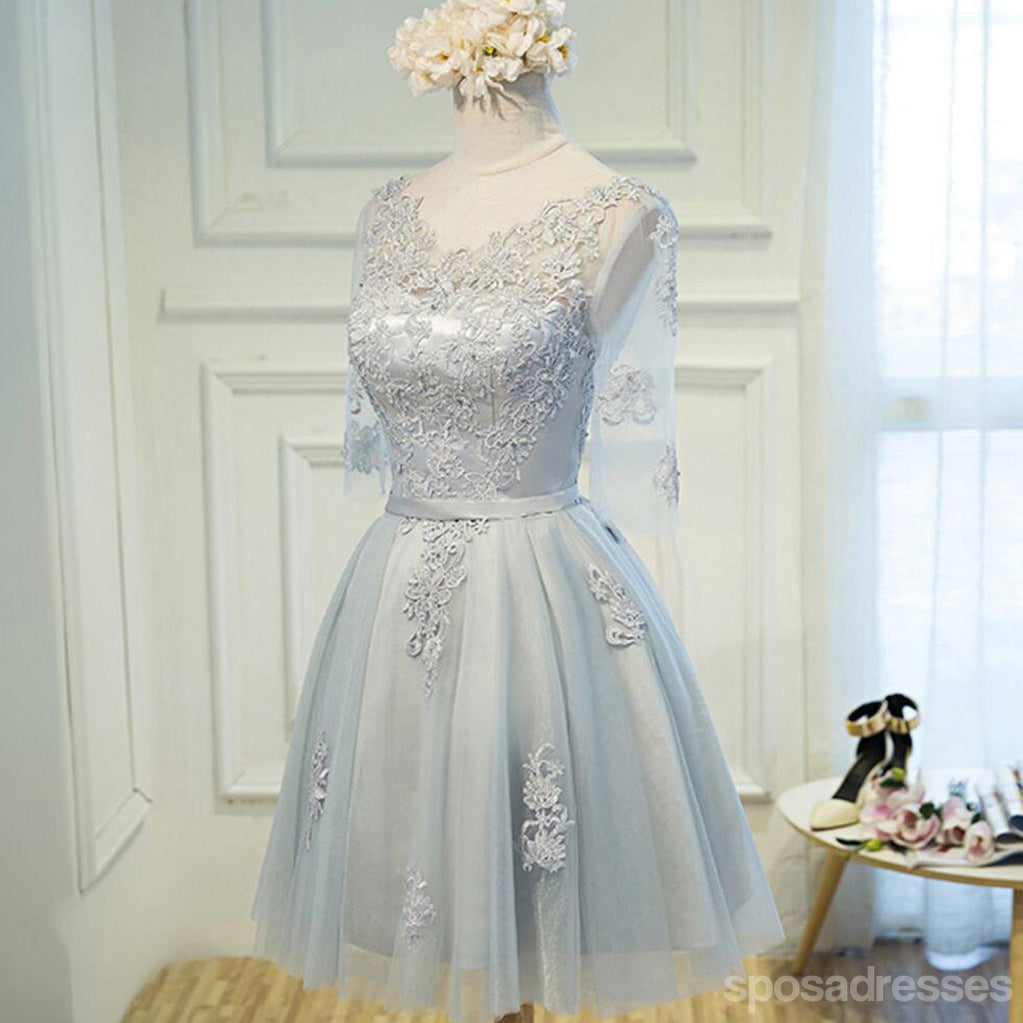 Long Sleeve V Neckline Gray Lace Tulle Short Homecoming Prom Dresses ...