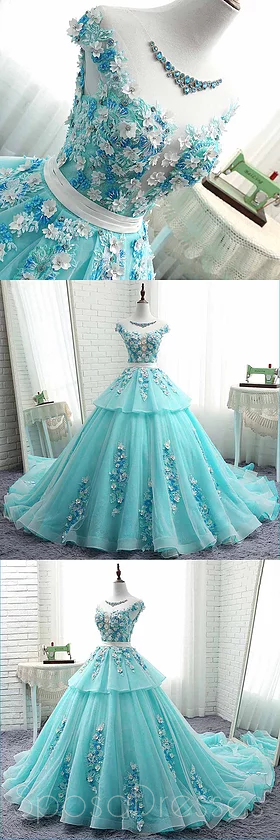 Scoop Cap Sleeves Tiffany Blue Lace Long Evening Prom Dresses, Cheap C ...