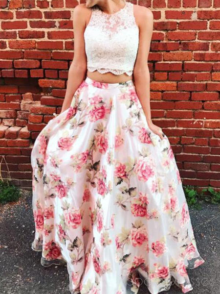 Two Pieces Lace Bodice Printed Flower Skirt Long Evening Prom Dresses