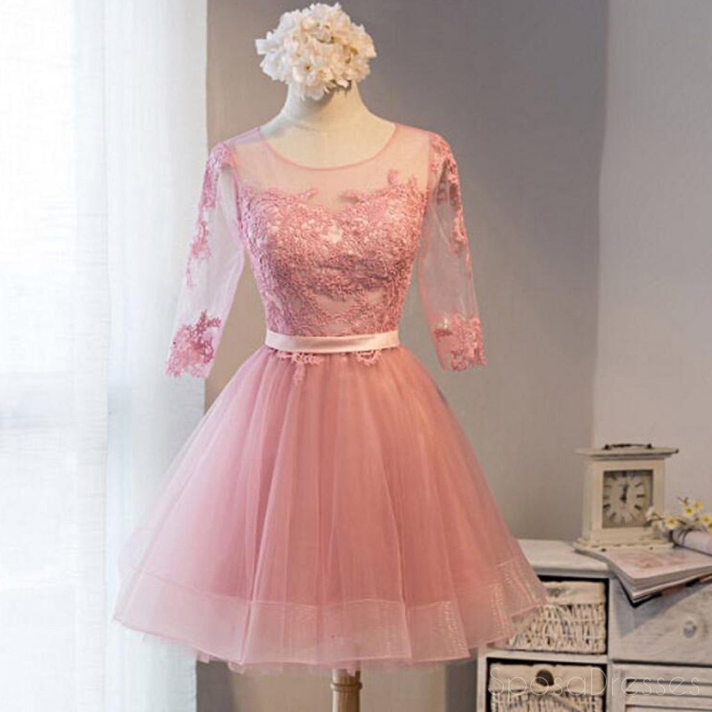 Long Sleeve Pink Lace Short Homecoming Prom Dresses, Affordable Short ...