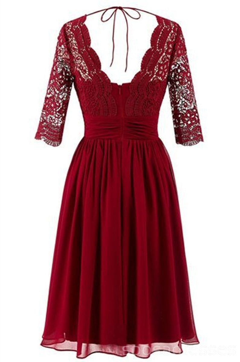 Dark Red Long Sleeve Lace Short Bridesmaid Dresses, Bridesmaid Dresses ...