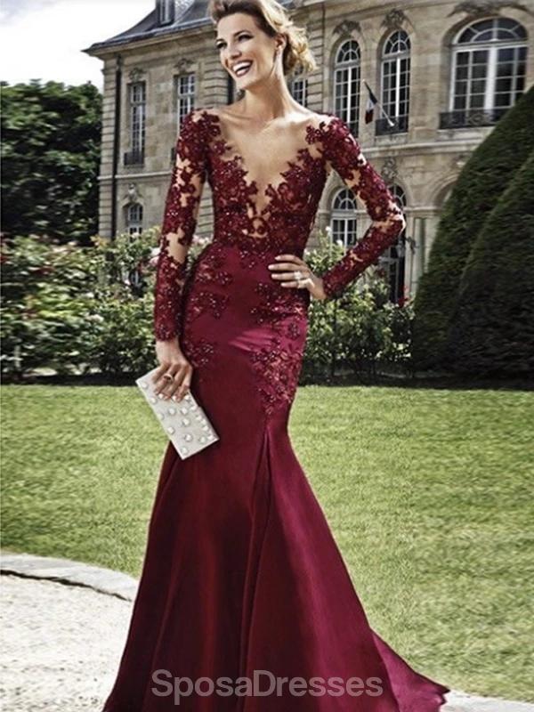 Maroon Long Sleeves Scoop Neck Lace Mermaid Long Evening Prom Dresses, SposaDresses