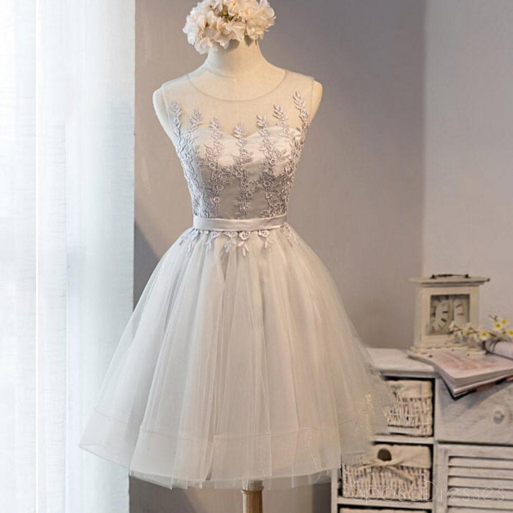 Cute Gray Lace Short Homecoming Prom Dresses, Affordable Short Party P ...