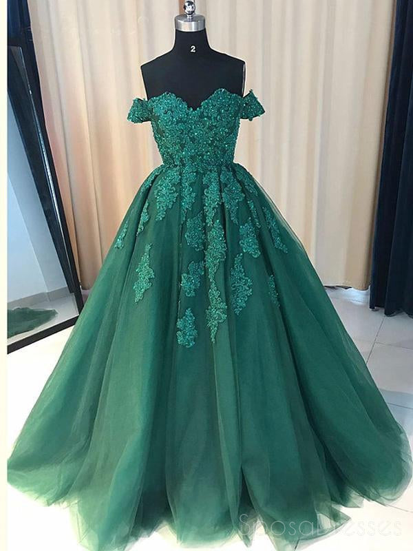 Off Shoulder Emerald Green Lace A line Long Custom Evening Prom Dresses ...