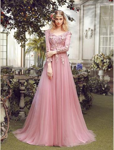 Long Sleeve Pink Lace A line Long Evening Prom Dresses, Popular Cheap ...