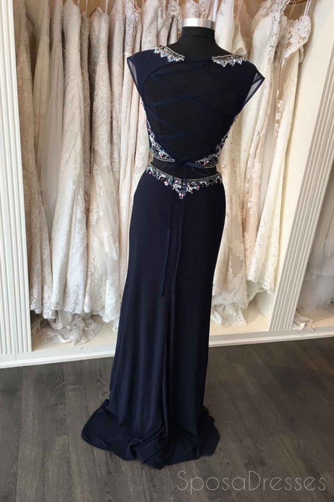 Sexy Two Pieces Heavily Beaded Navy Mermaid Long Cheap Evening Prom Dr ...