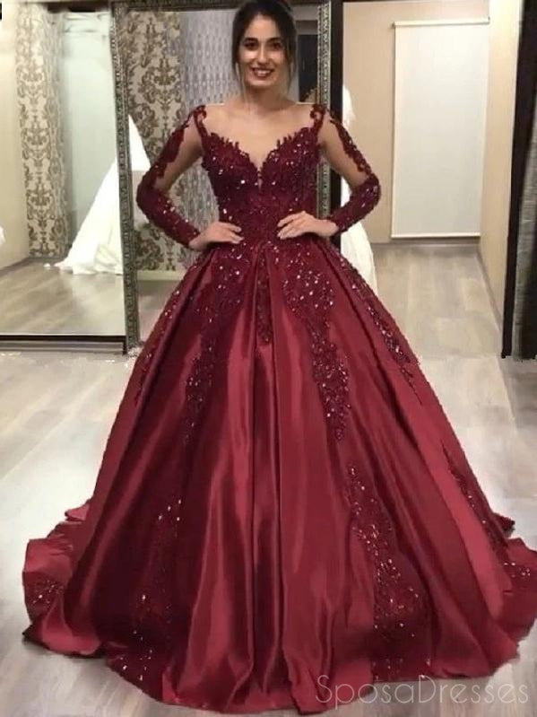 Burgundy Long Sleeves Applique Prom Dresses, Sweet 16 Ball Gown Dresse ...