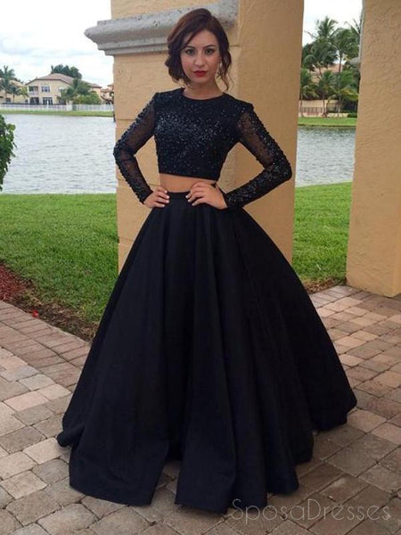 Black Two Pieces Long Sleeves Beaded A-line Long Evening Prom Dresses ...