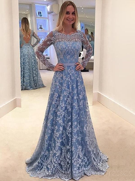 Blue Lace Prom  Dresses  Long  Sleeves  Prom  Dresses  A line 