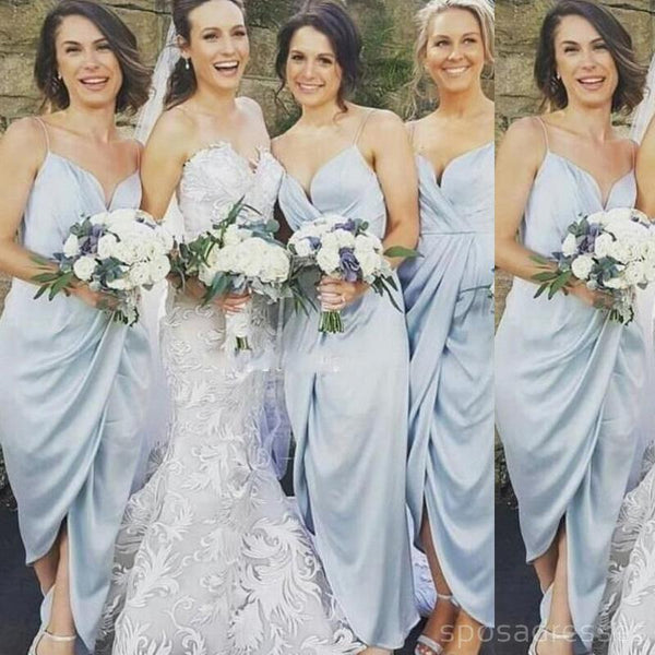 Spaghetti Straps Light Blue Tea Length Cheap Bridesmaid Dresses
