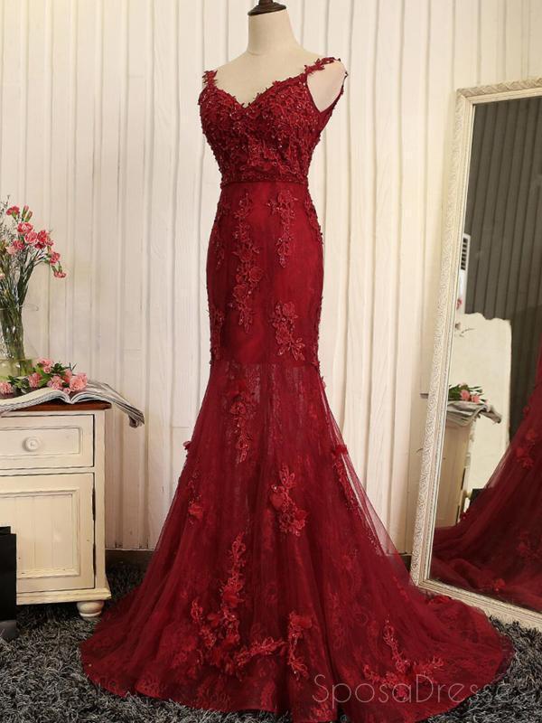 Red Lace Mermaid V-neck Cheap Long Evening Prom Dresses, Evening Party ...