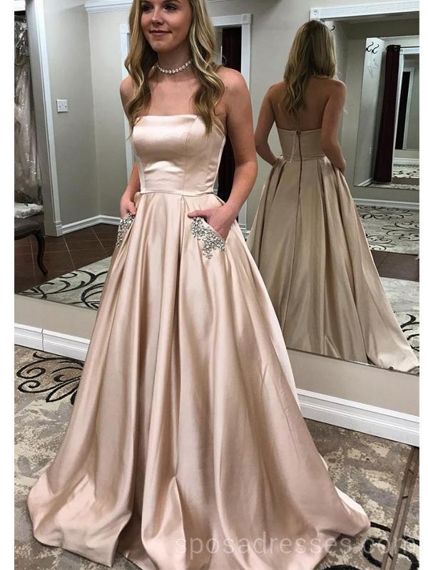 Simple Strapless Long Evening Prom Dresses With Pockets, Cheap Custom ...