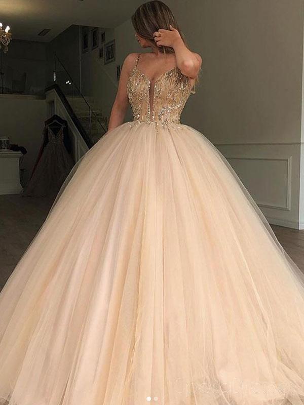 Spaghetti Straps Beaded Ball Gown Tulle Cheap Long Evening Prom Dresse ...
