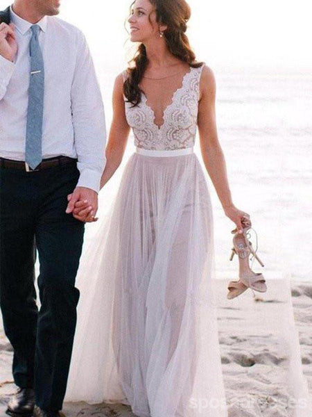 Deep V Neckline Lace Beach Wedding Dresses Sexy Long Custom Wedding