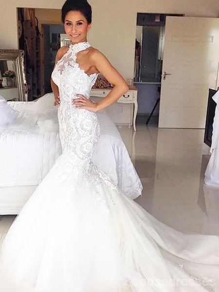 Custom Halter Lace Beaded Mermaid Cheap Wedding Dresses Online