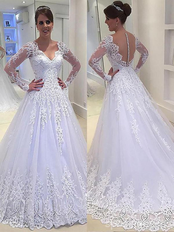 Long Sleeves White A-line Wedding Dresses Online, Sexy See Through Lac ...