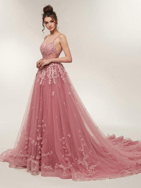 See Through Dusty  Pink  Lace A line Long Evening Prom 