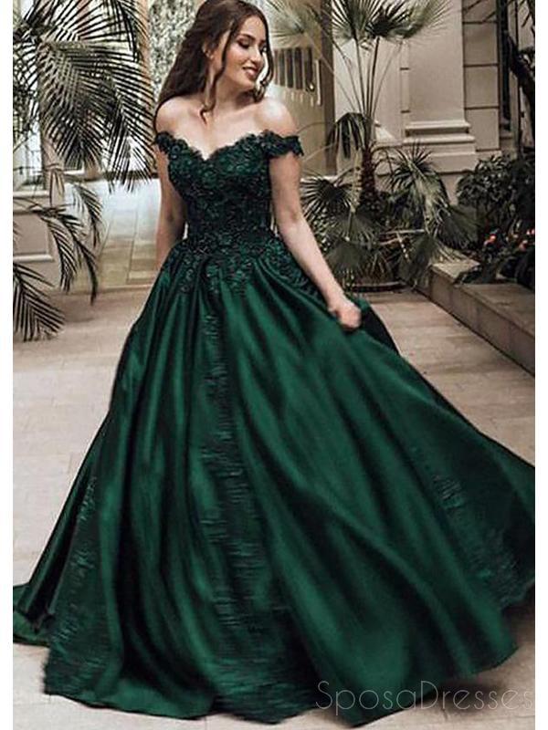 Off Shoulder Dark Green A-line Long Evening Prom Dresses, Cheap Sweet ...