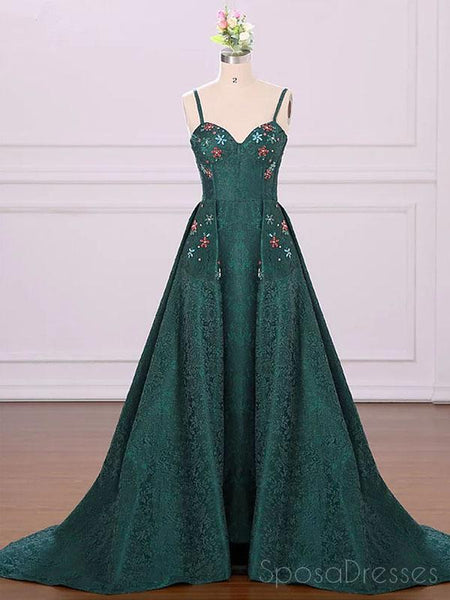 Emerald Green Spaghetti Straps Cheap Long Evening Prom Dresses, Cheap ...