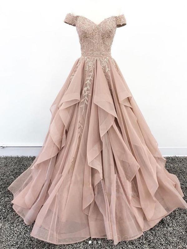 champagne off the shoulder prom dress