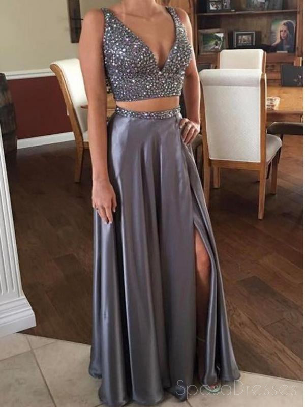 Sexy Two Pieces Grey V Neck Beaded Long Custom Evening Prom Dresses 1 Sposadresses 5442