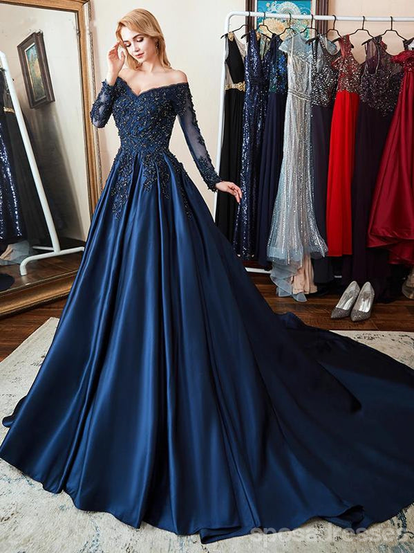 A-line Long Sleeves Blue Long Party Prom Dresses Online,Dance Dresses ...