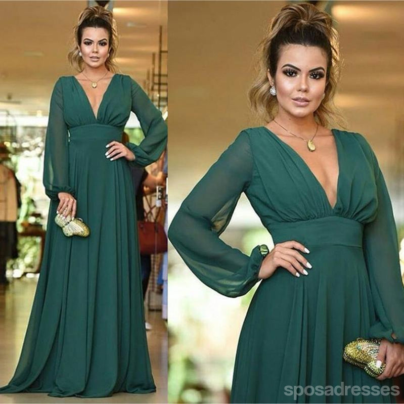 V Back Long Sleeves Green Chiffon Cheap Bridesmaid Dresses Online, WG7 ...