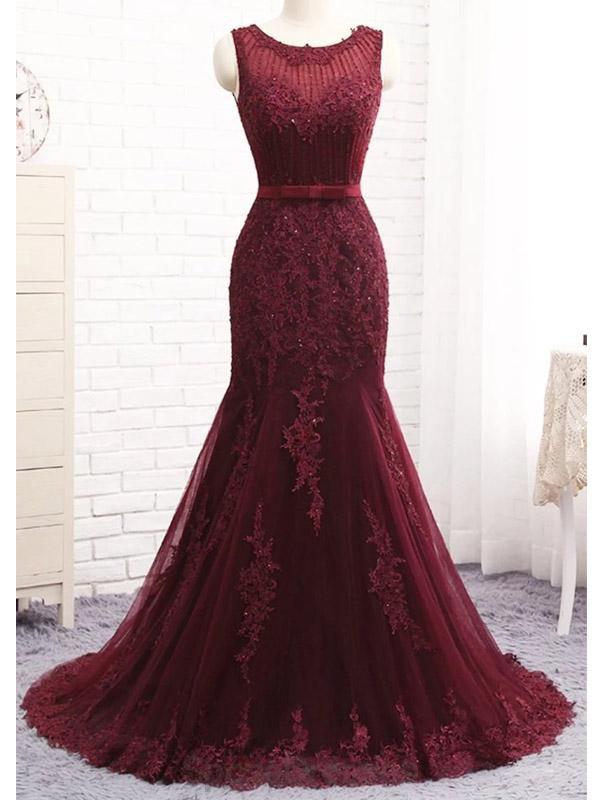 Scoop Maroon Lace Beaded Mermaid Long Evening Prom Dresses, Evening Pa