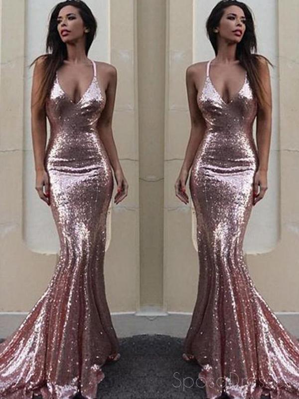 Sexy Backless Rose Gold Sequin Mermaid Evening Prom Dresses, Popular 2 ...