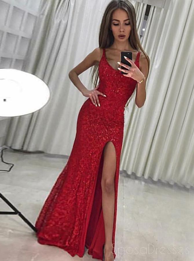 Sparkly Red Side Slit Lace Mermaid Long Evening Prom Dresses Cheap Sw Sposadresses 