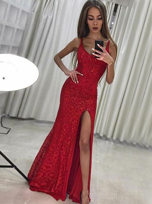 Sparkly Red Side Slit Lace Mermaid Long Evening Prom Dresses, Cheap Sw ...