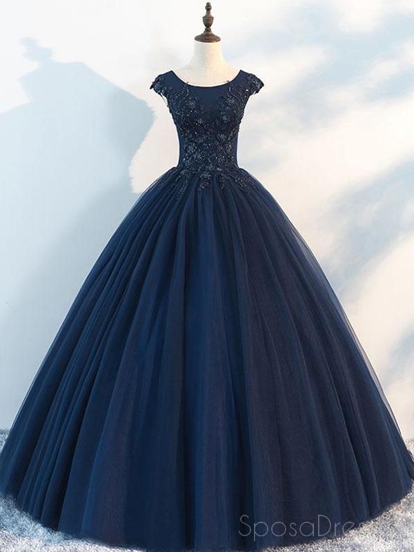 Navy Cap Sleeves Ball Gown Tulle Cheap Long Evening Prom Dresses, Cust ...