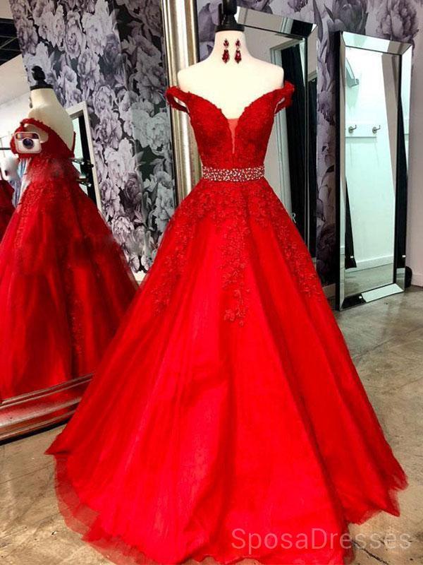 Off Shoulder Red Lace Beaded Evening Prom Dresses, Cheap Custom Sweet ...