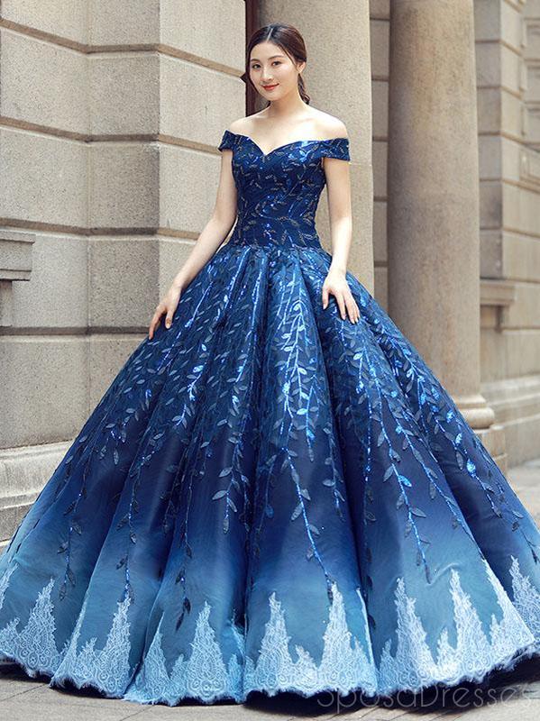 Off Shoulder Navy Blue Ball Gown Prom Dresses, Sweet 16 Dresses, Quinc ...