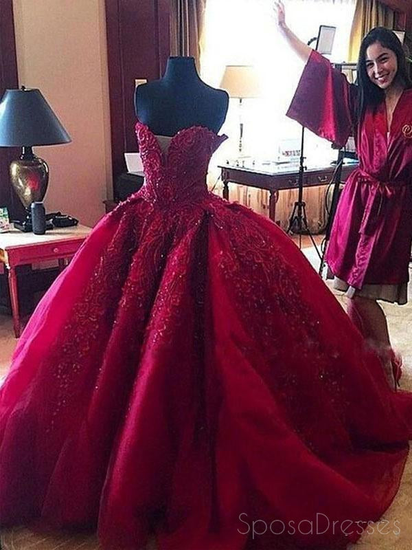 Maroon Sweetheart Neck Lace Beaded Ball Gown Long Custom Evening Prom ...