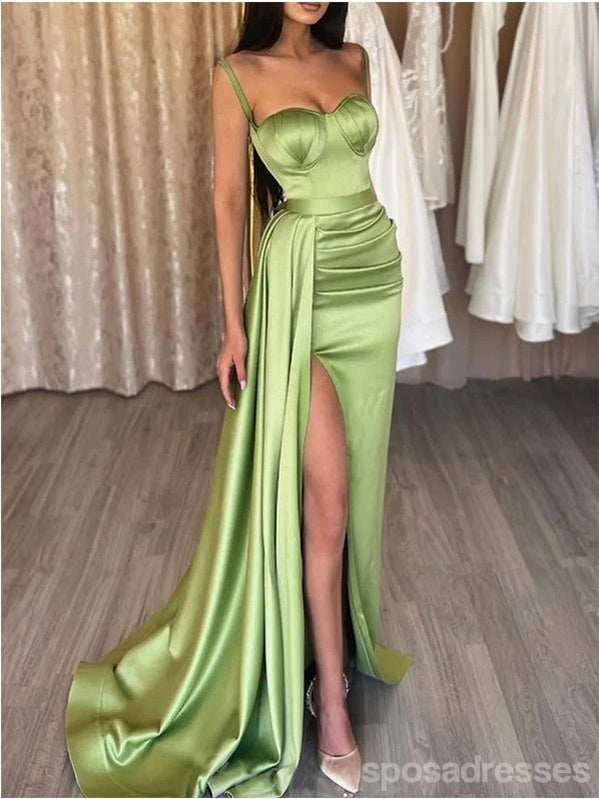 Simple Sage Mermaid Spaghetti Straps High Slit Cheap Long Prom Dresses ...