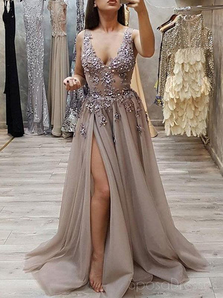 Sexy V Neck See Through Grey Side Slit Lace Long Evening Prom Dresses ...