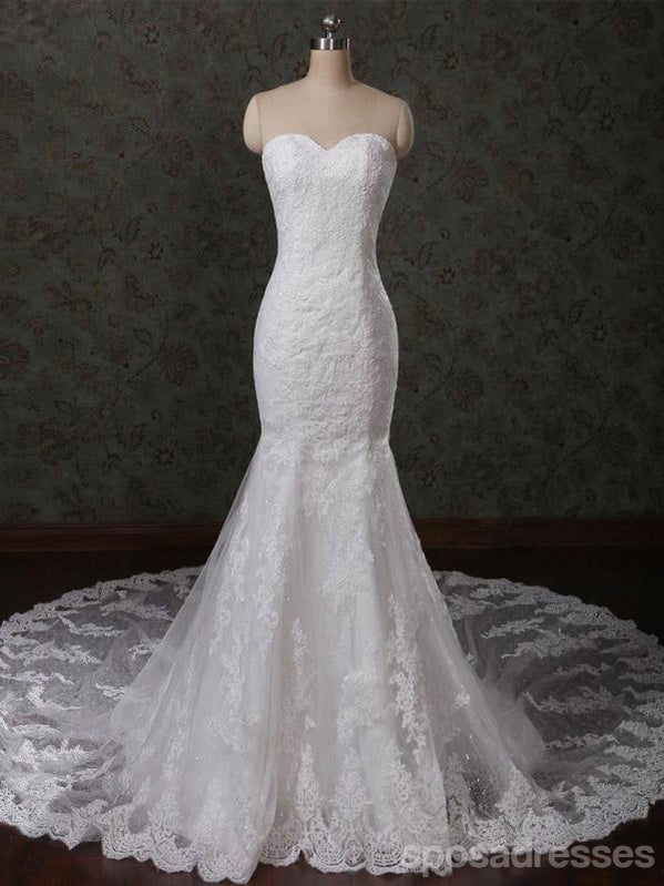 Sweetheart Strapless Lace Mermaid Pearls Beaded Wedding Bridal Dresses ...