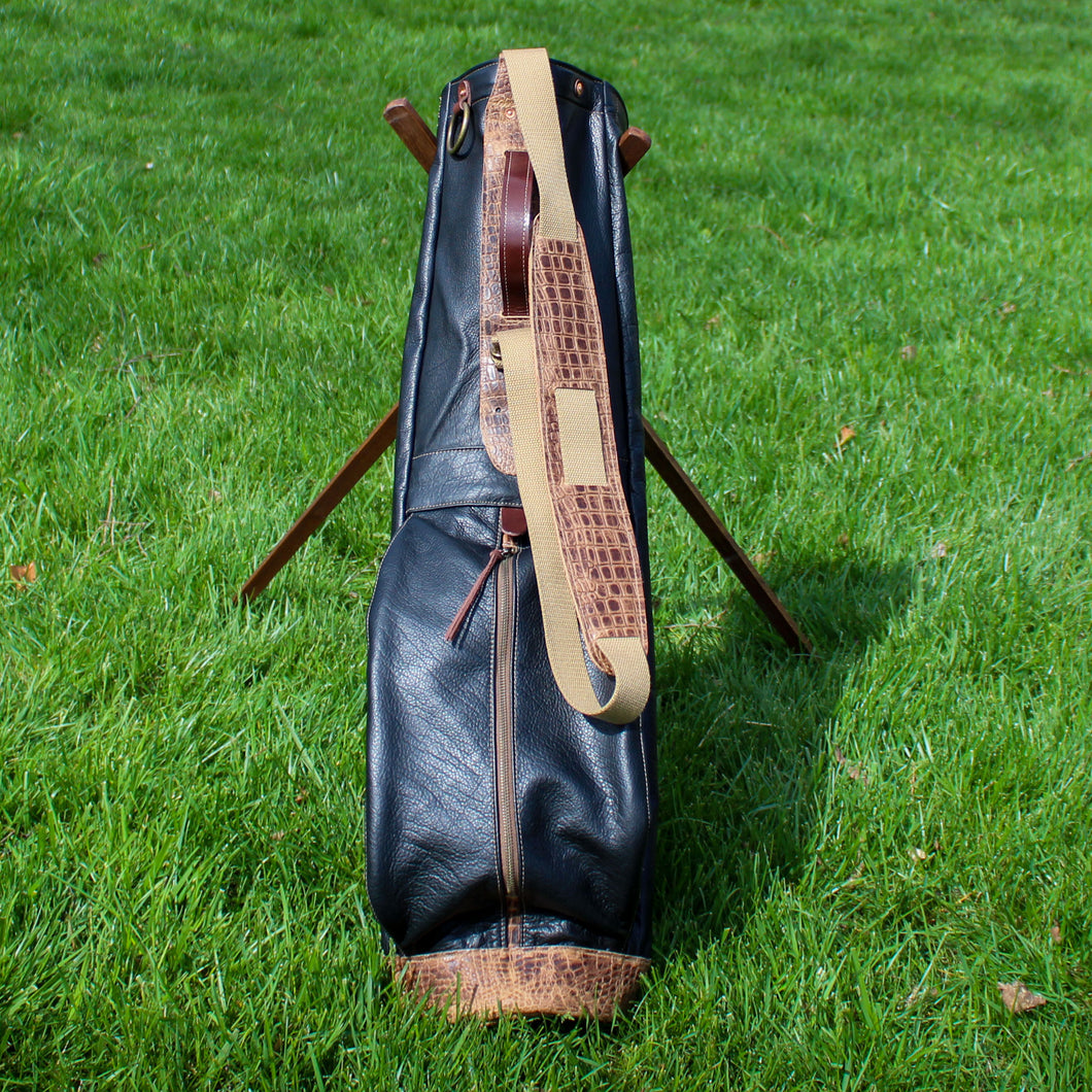 Black Bison Garment Leather/Tan/Gator Leather Trim Sunday Golf Bag