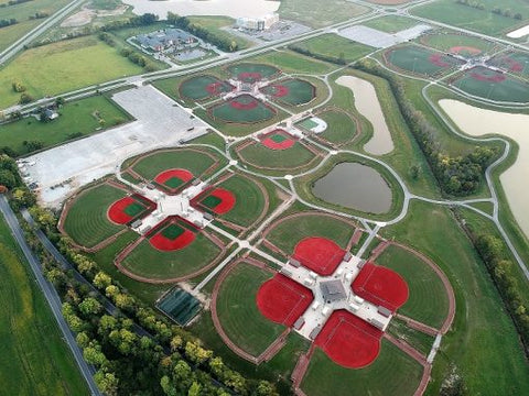 Birds eye view of multiple baseball fields