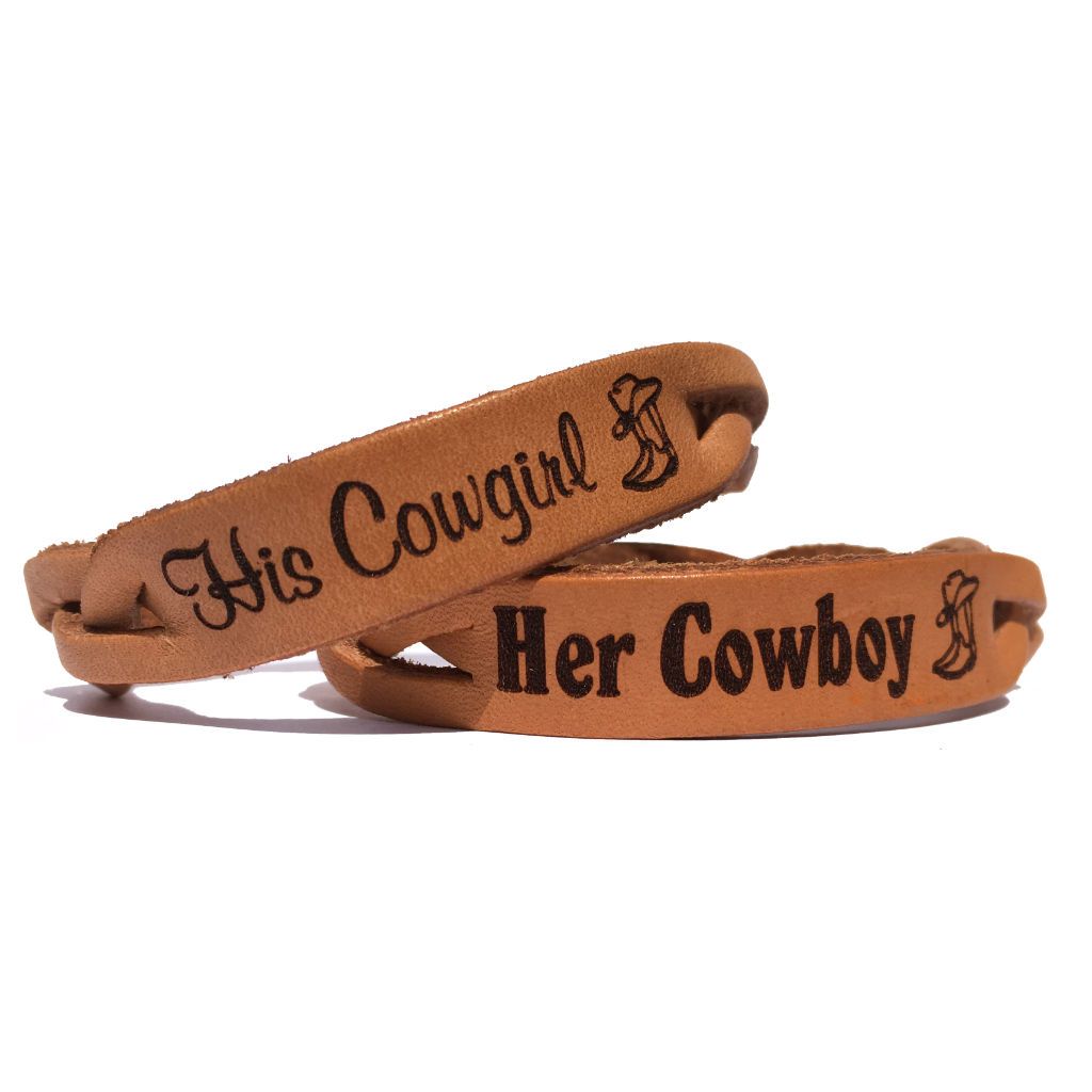 Her Cowboy His Cowgirl Engraved Leather Bracelets (Pair)