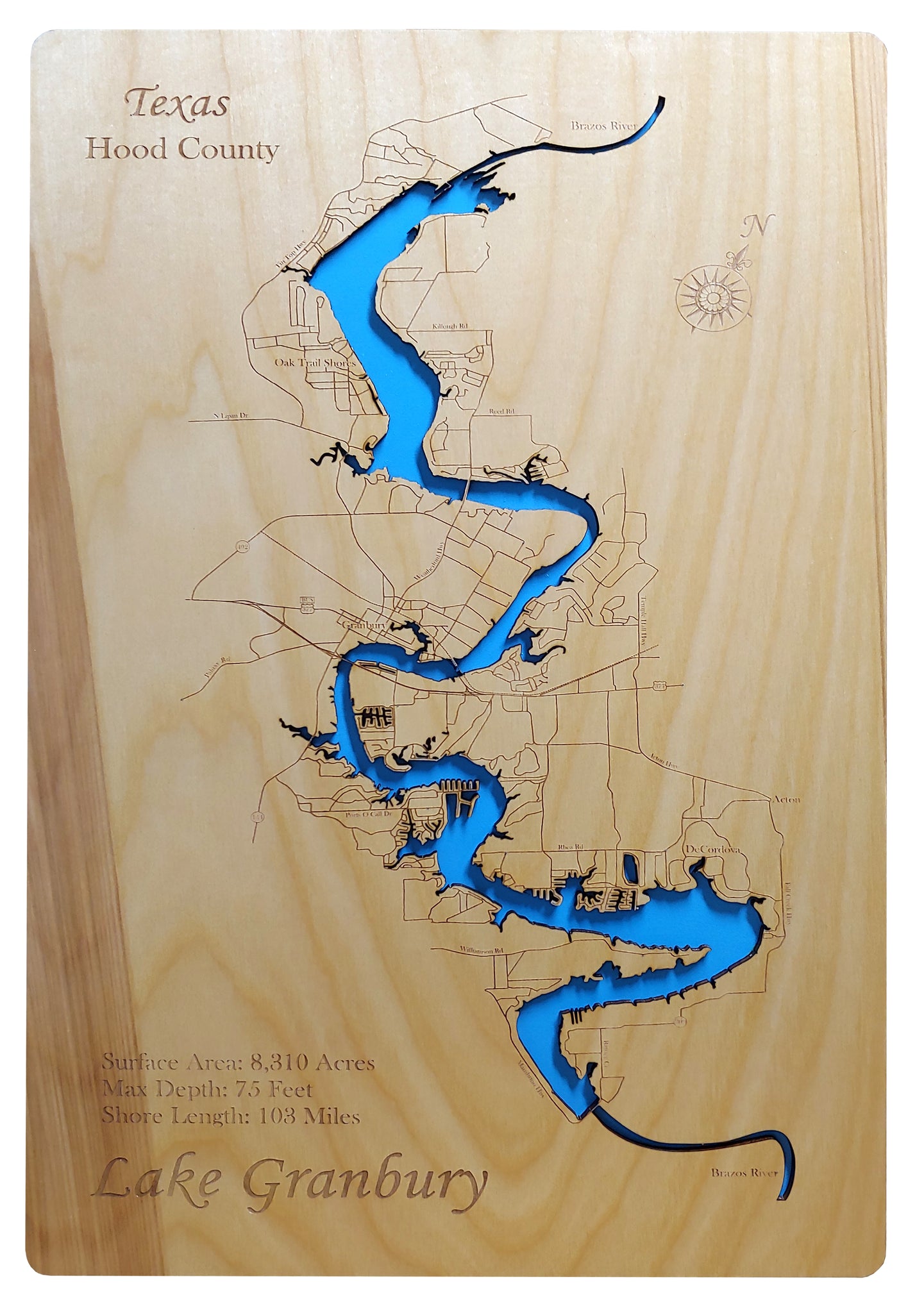 Lake Granbury Fishing Map Lake Granbury, Texas - Laser Cut Wood Map