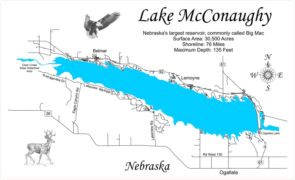 Lake Mcconaughy Fishing Map Lake Mcconaughy, Nebraska - Laser Cut Wood Map